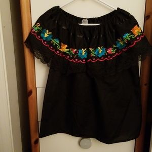 Black flower embroidered top
